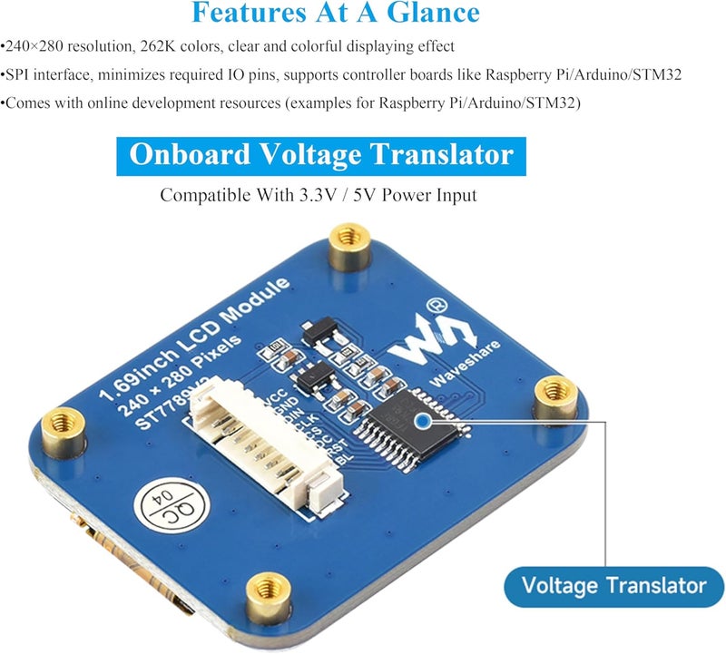 UBEEKOO وحدة عرض LCD بحجم 1.69 بوصة، لوحة عرض IPS متوافقة مع Raspberry Pi 5/4B/3B+/3B/2B/Zero W/WH/Zero 2 W/Arduino/STM32، شريحة تشغيل مدمجة ST7789V2، واجهة SPI - Image 4